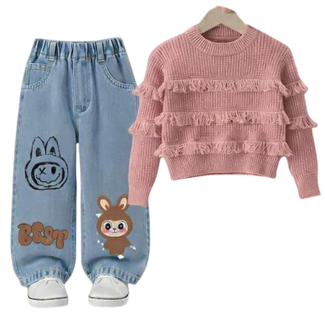 MEZA Girls Winter 2 Piece Set Ruffle Knitted Blouse with Graphic Jeans Pants Turkish Dough Material