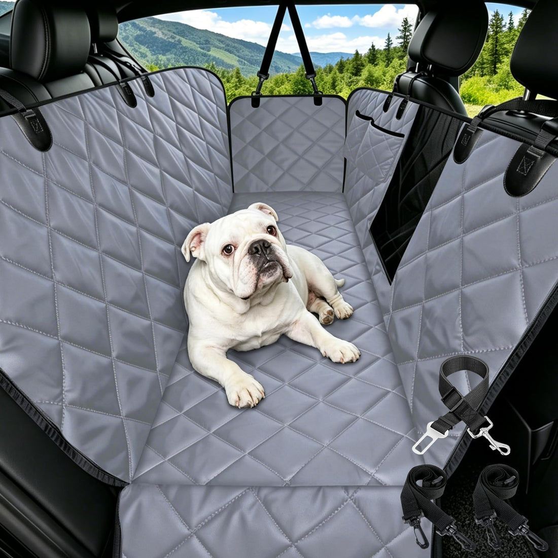 Dog Hammock for Car | Mesh Window & Safety Belt | 100% Waterproof Back Seat Pet Cover for Dogs Safe Travel with Side Door Protectors | Non-Slip, Scratchproof Rear Seat Cover for Cars, SUVs, Trucks