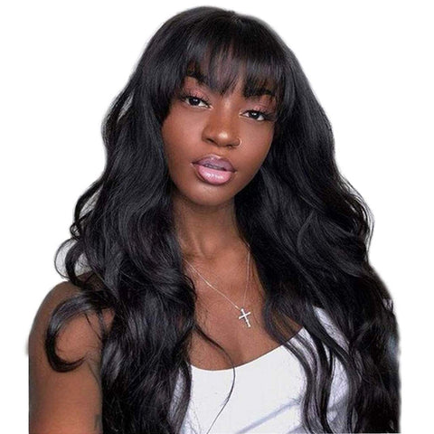 ECIF Wigs Loose Body Wave Human Hair Wigs With Bangs Glueless 13×6 Lace Front Deep Part Closure Lace Wavy Wig Pre Plucked Brazilian Remy Soft Hair For Natural Color 150 Density For