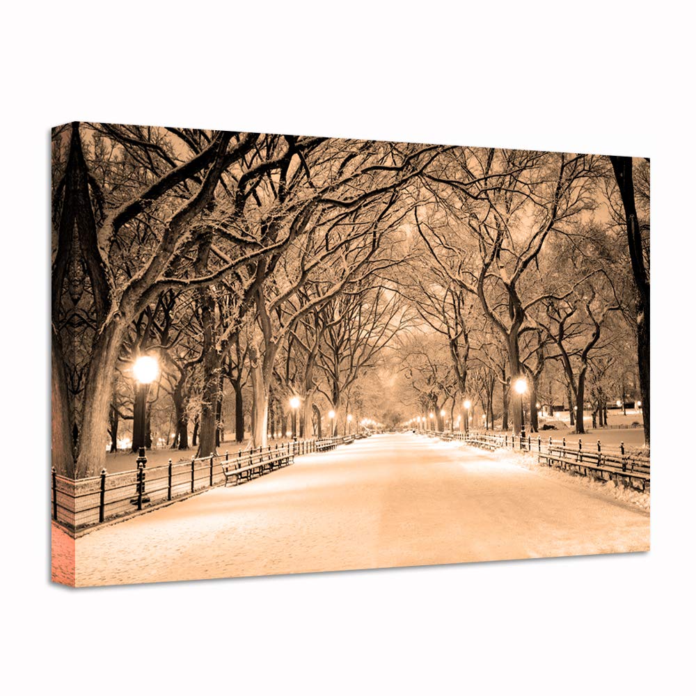 Nachic Wall Vintage Canvas Print Art Snowy Central Park Wall Pictures Giclee Print on Canvas Sepia New York City Winter Landscape Poster Stretched for Living Room Bedroom Easy to Hang 24x36inch