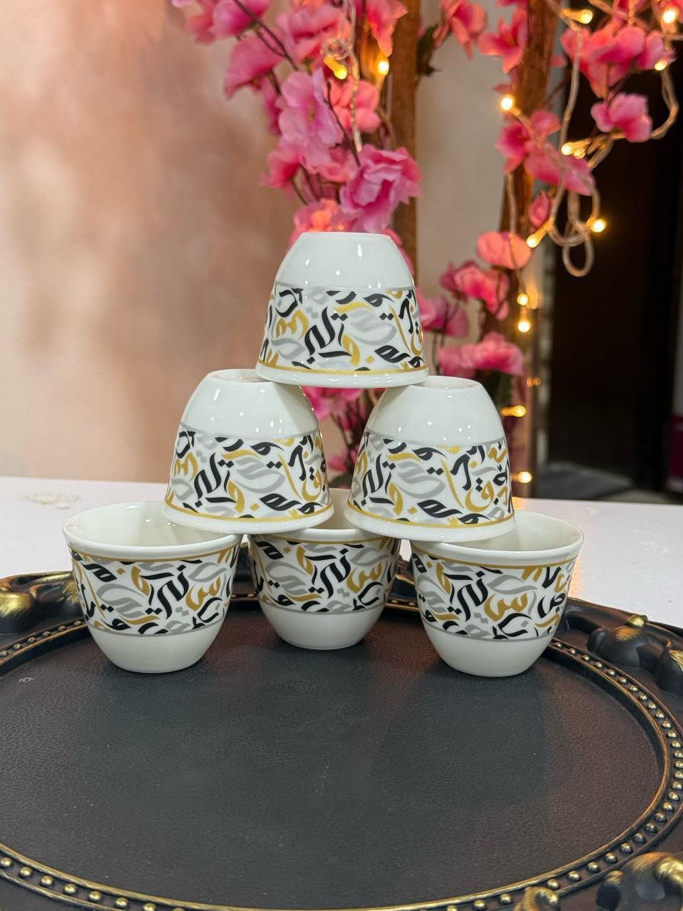 Porcelain Arabic Calligraphy Coffee Cup Set, White with Gold and Black Design, 6-Piece .smk