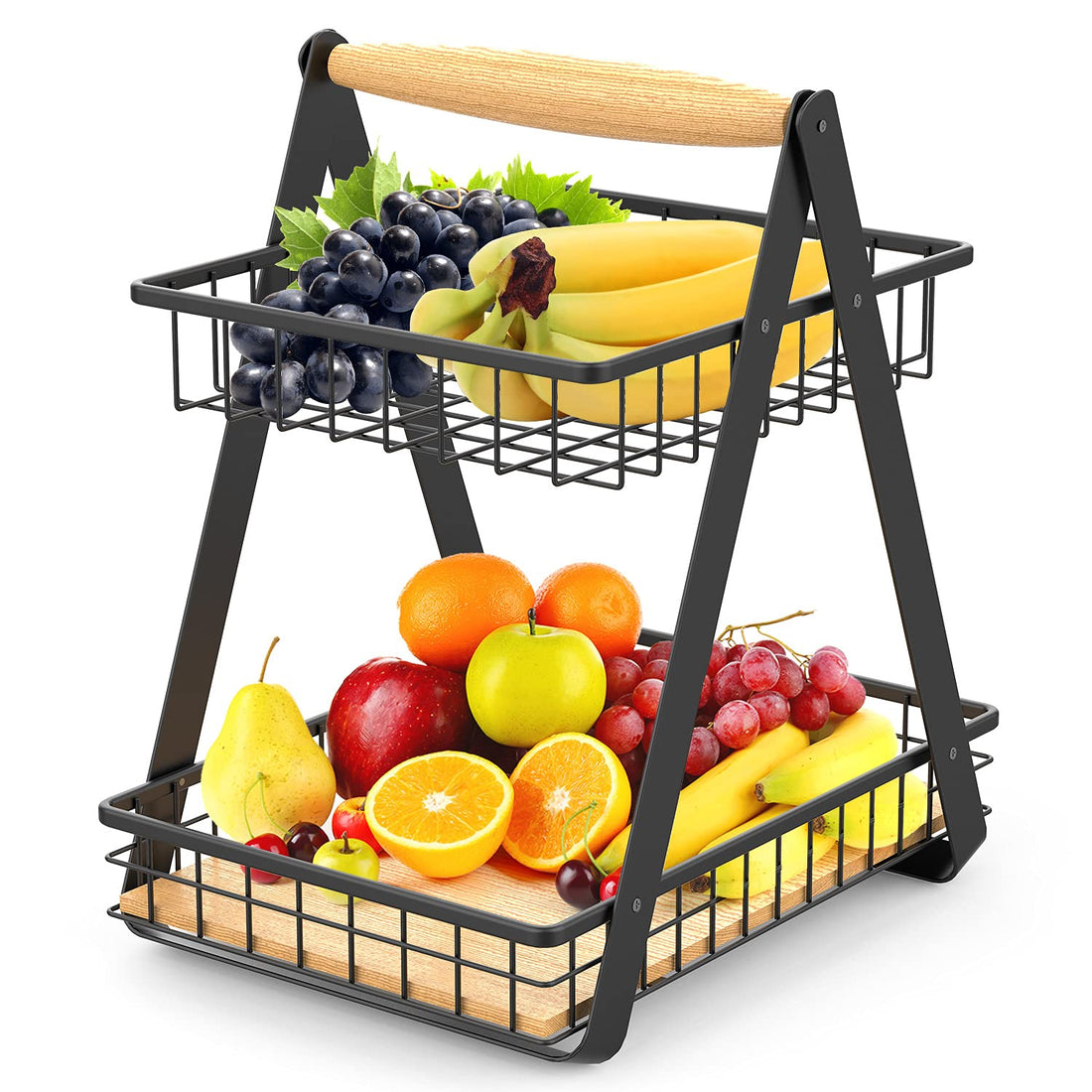 2-Tier Fruit Basket, Suitable for Kitchen Countertops, Can Place Fruits, Vegetables and Other Foods, Metal Materials and Wooden Base, Unique Handle Design for Easy Carry