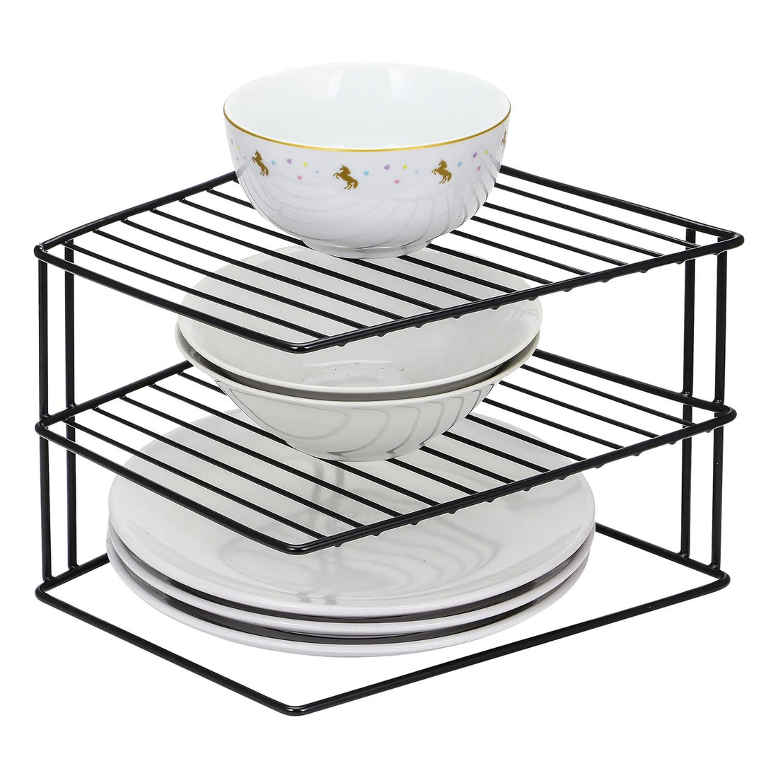 Greenfields 3 Tier Corner Kitchen Plate Rack, Tidy Cupboard Shelf Insert Organiser and Space Saver Unit - Premium Quality great for organising plates and saving cupboard space (Black)