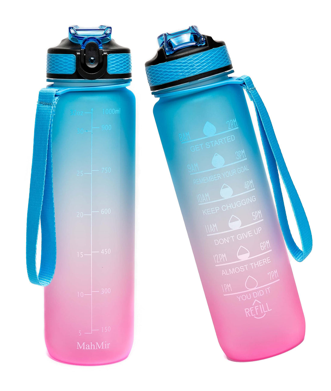 Water Bottle 1L with Time Marker Straw Strainer Tritan BPA Free for Fitness Gym Outdoor Sports By MahMir (Blue)