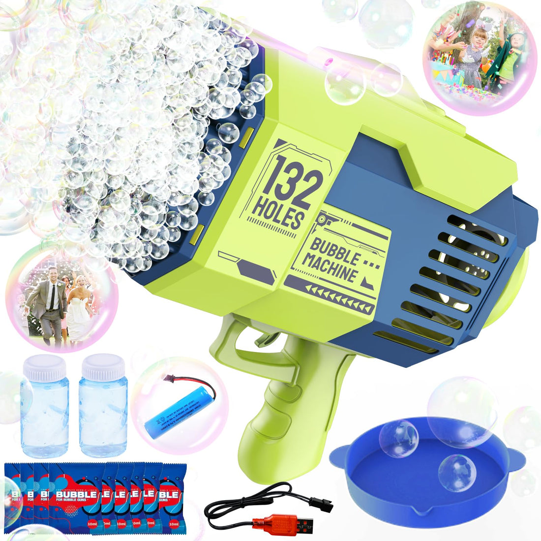132 Hole Bubble Gun Kids Toy, Bazooka Bubble Machine with Colorful Light,10000+ Bubbles/min Mega Bubble Maker Bubble Blower for Adults,Halloween Christmas Party Favors Birthday Gift for Boy Girl Teens