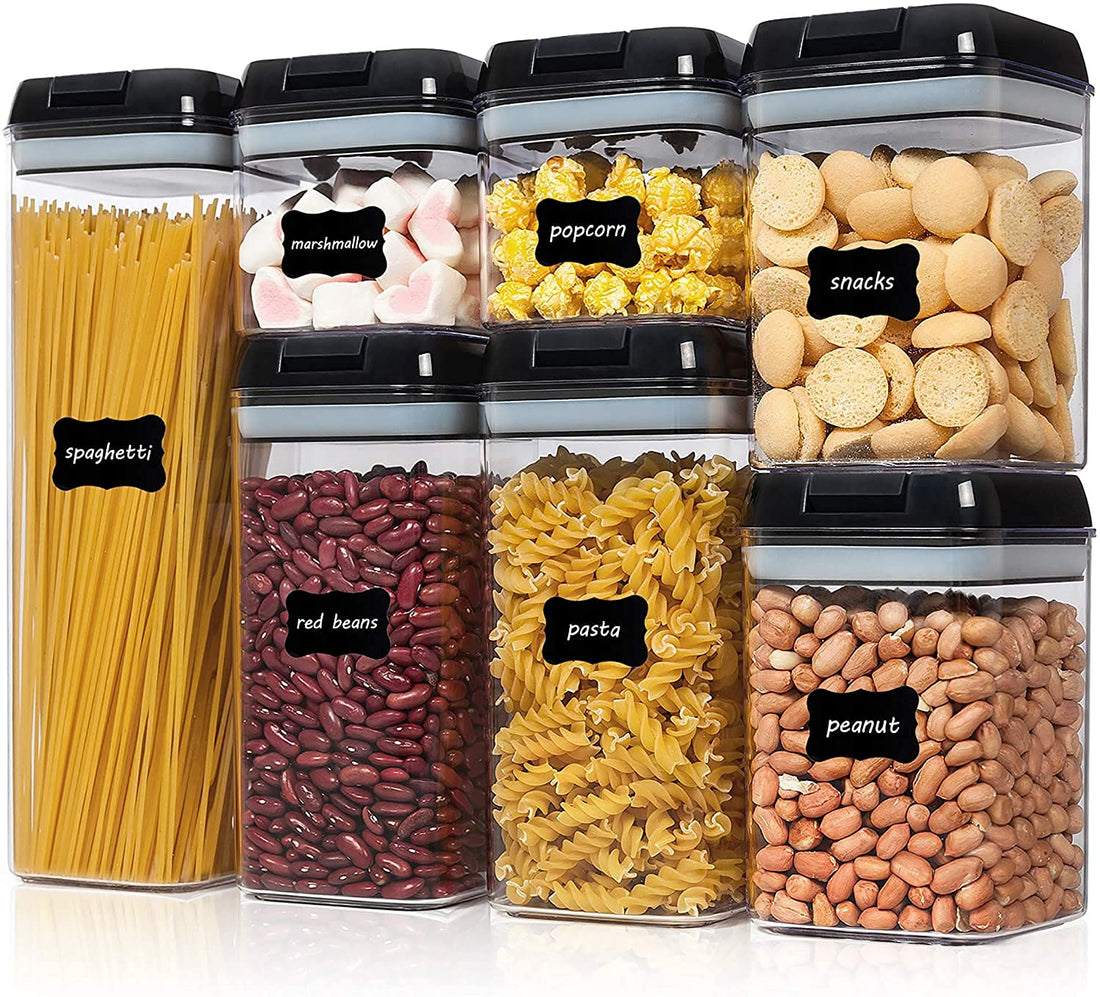 Arabest Airtight Food Storage Box, 7 Piece BPA Free Plastic Grain Containers with Easy Lock Lid for Kitchen Pantry Organization and Storage, Includes 24 Labels (Black)