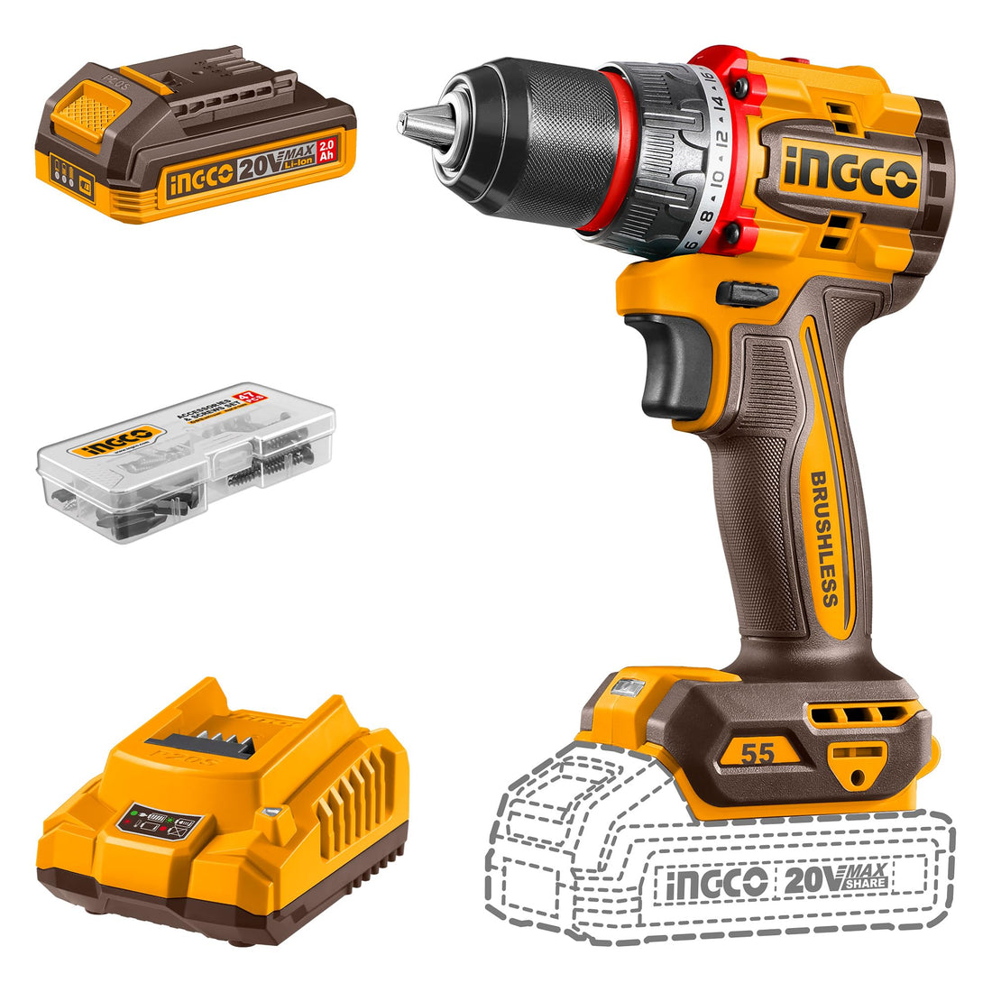 INGCO Compact Brushless Cordless Drill, 230Nm Max Torque, 1/2" Square Drive & 1/4" Hex, 0-2600 RPM, Includes 2x 2.0Ah Batteries, 3 Sockets, LED Light, Charger & Carrying Case