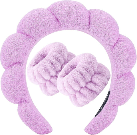 Spa Headband for Washing Face Wristband Sponge Makeup Skincare Headband Terry Cloth Bubble Soft Get Ready Hairband for Women Girl Puffy Padded Headwear Non Slip Thick Hair Accessory (Purple, Standard)