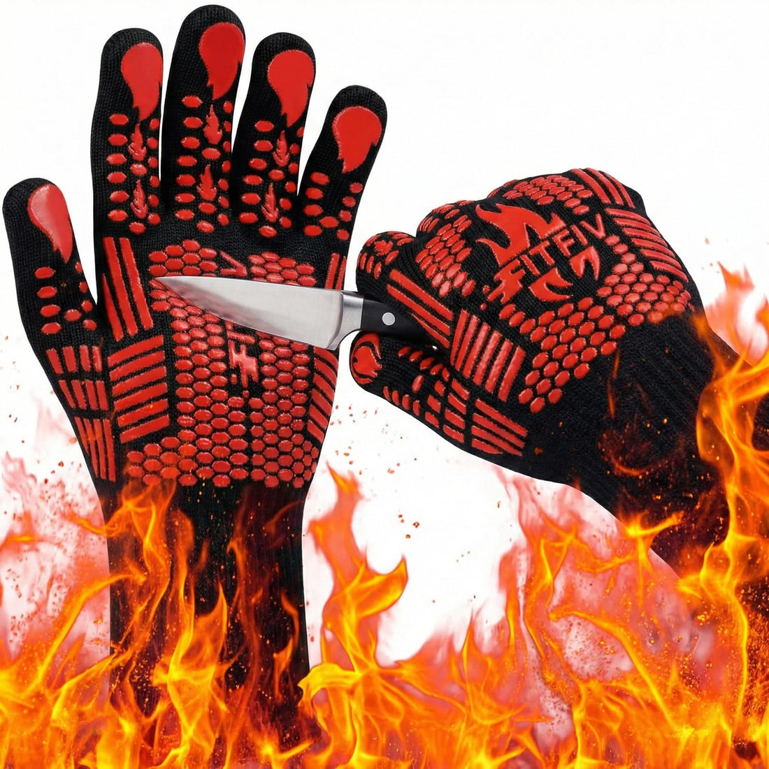 BBQ Gloves,1472°F Extreme Heat Resistant Barbecue Gloves,Silicone Non-Slip Oven Gloves,Kitchen Gloves for Cooking,Grilling,and Baking(Red)