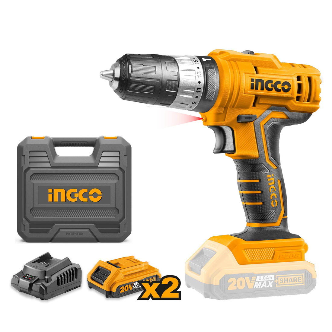 Ingco cidli20012 20v cordless drill, 45nm electric impact drill, 18+1+1 position power drill driver, 0.8-10mm chuck, variable speed, hammer drill kit with 2 battery pack, 1 fast charger, led (1 set)