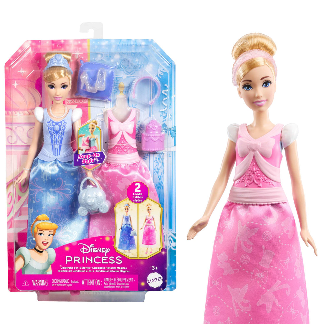 Mattel Disney Princess Cinderella Doll and Outfits 2-in-1 Set with 2 Outfits, 9 Accessories, 2 Clip On Bodies and 2 Skirts, Disney Cartoon Inspired JCR95