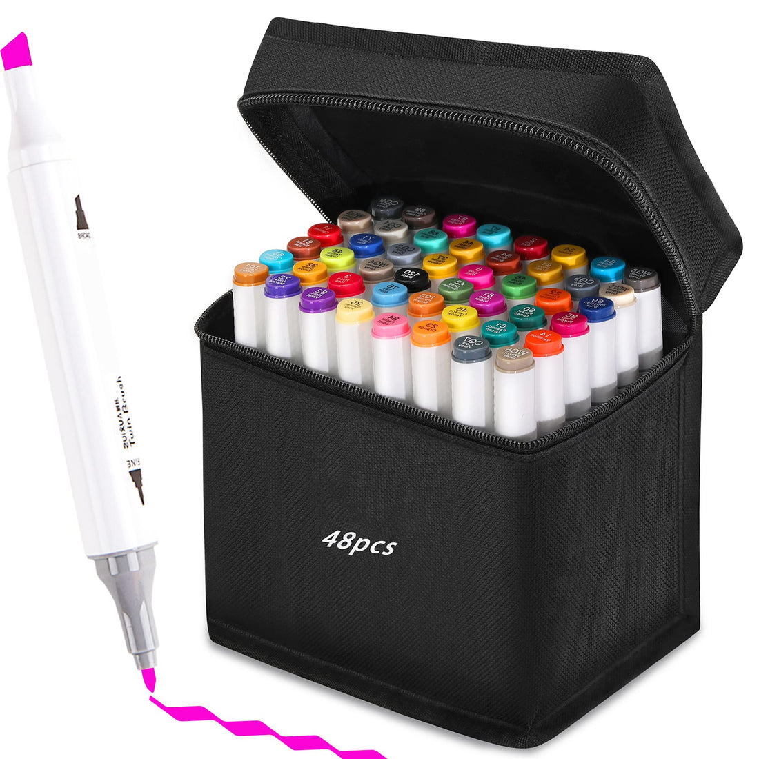 Marker Set, Two Tip Highlighter with Carry Bag for Sketching Colour Markers for Highlighting and Underlining. (48 Colours White)
