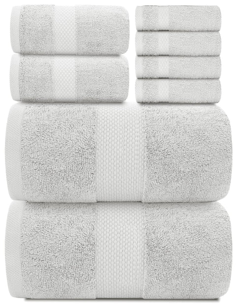 Luxury 8 Piece Bath Towel Set - 700 GSM Combed Cotton Hotel Towels - 2 Bath, 2 Hand, 4 Washcloths (Silver, 8)