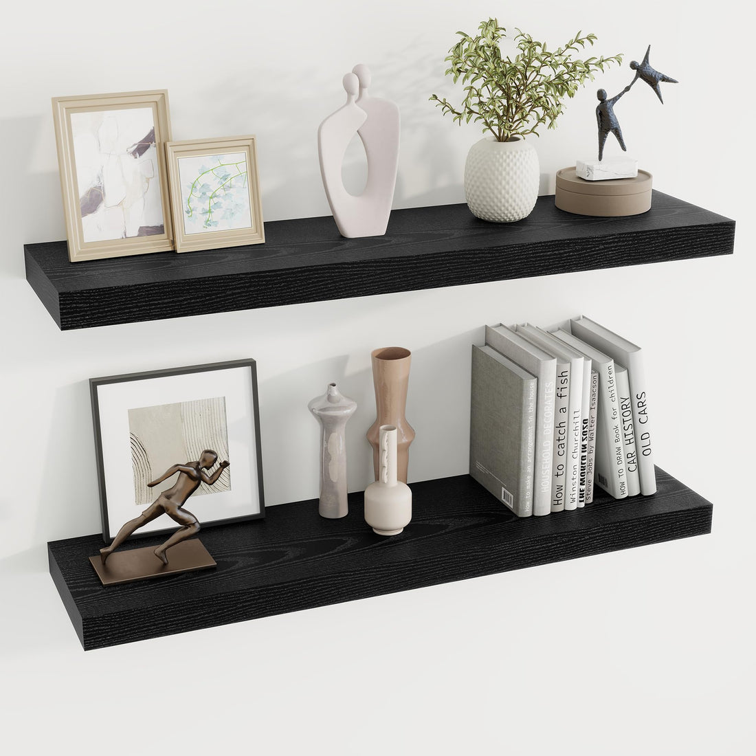 Dreamland Floating Shelves for Wall Large Wall Mounted Shelves with Invisible Brackets, Black Long Wall Shelves for Decor Storage Bathroom,Living Room,Kitchen,Office,36x7.9 inch deep Set of 2