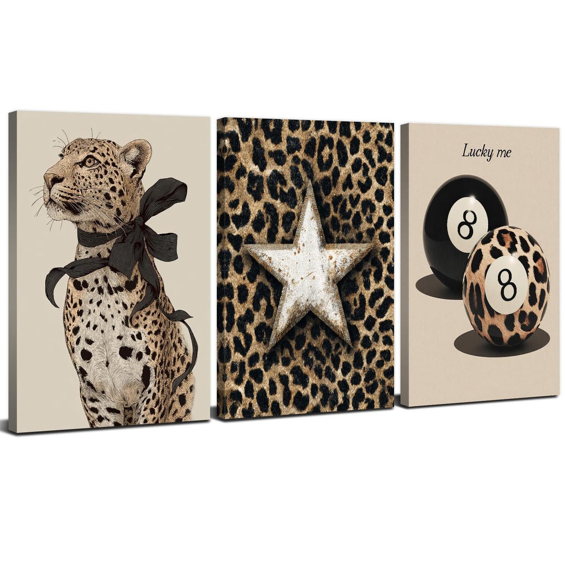 3 Piece Funky Leopard Wall Art Cheetah Canvas Print Lucky 8 Ball Poster Trendy Preppy Lucky Me Painting Aesthetics Pictures Wall Decor Minimalist Esthetic Paintings Artwork Home Decorations 12x16”