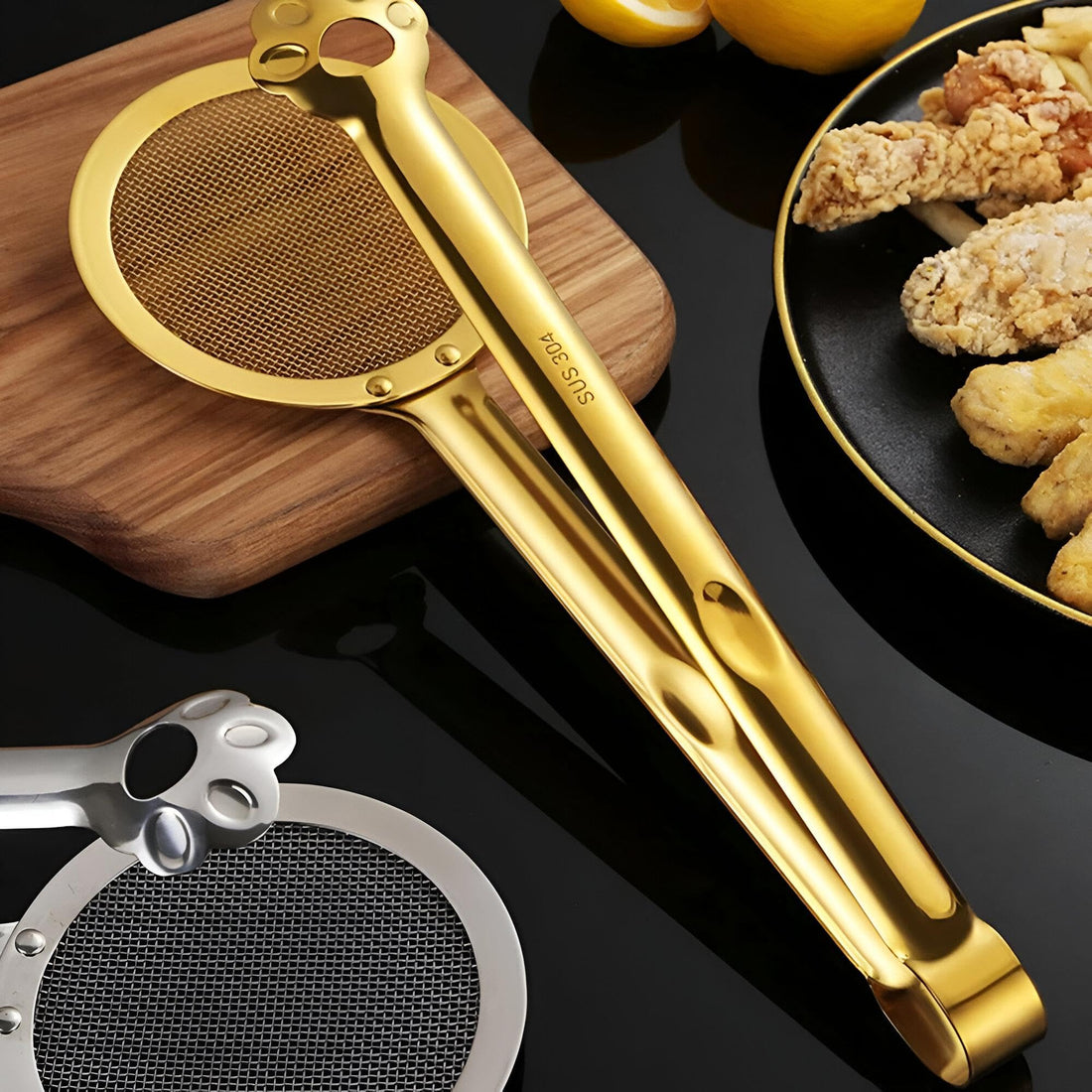 Frying Basket Filter - Golden Mesh Strainer with Ladle, Perfect Kitchen Tool for Easy Oil Removal and Cooking Efficiency