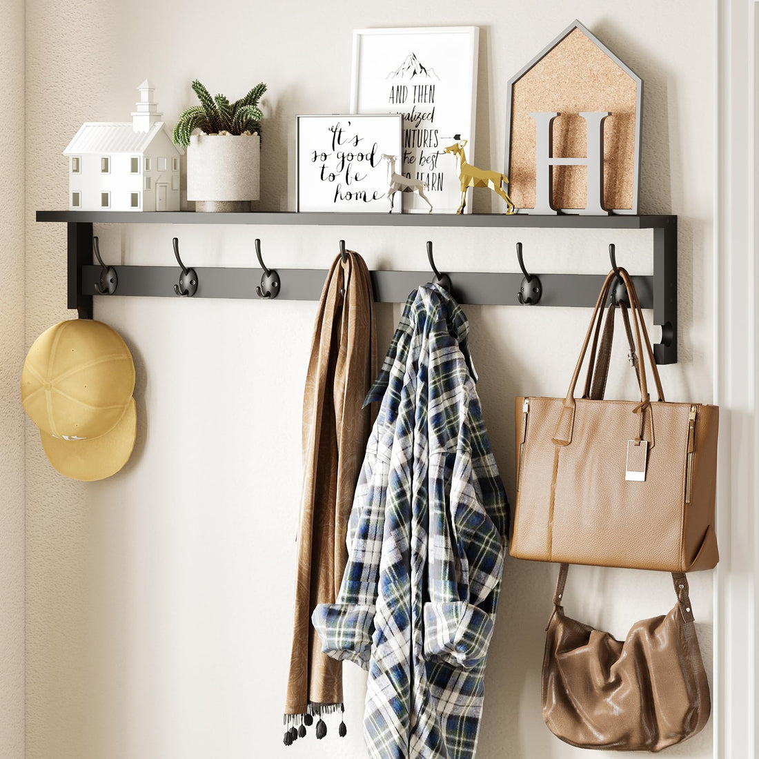 AMBIRD Coat Rack Wall Mount, Wood Coat Hooks with Shelf, Wall Key Holder with Shelf in Entryway, Kitchen, Living Room, Bathroom, Bedroom (Black)