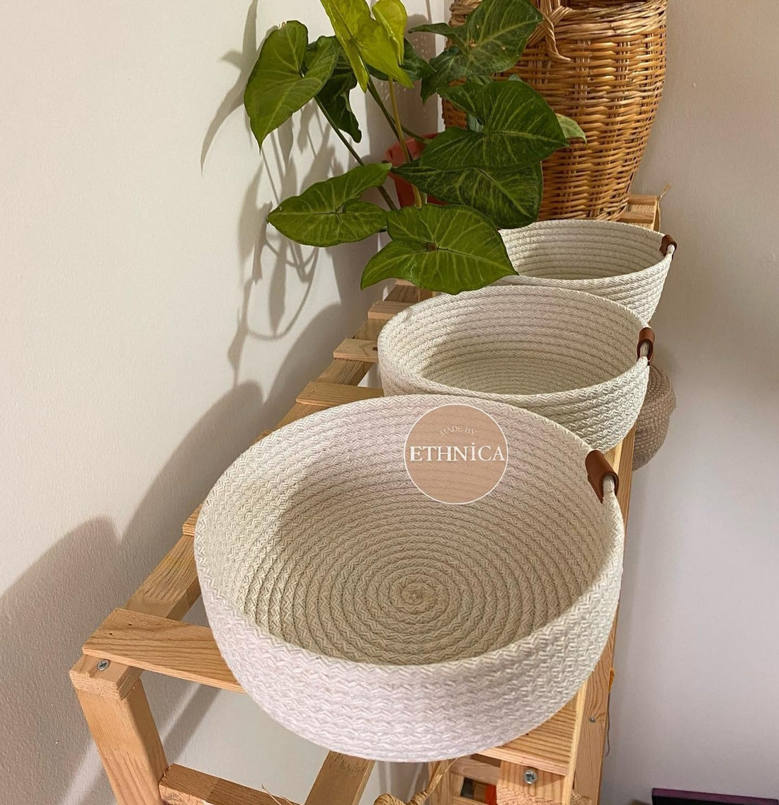 Woven It -Off White Cotton Rope Baskets, Set of 3, 25cm x 8cm, 22cm x 8cm, 18cm x 8cm can be used in Kitchen, toilet, living room, dining room, kids room, bed room, indoor & outdoor.