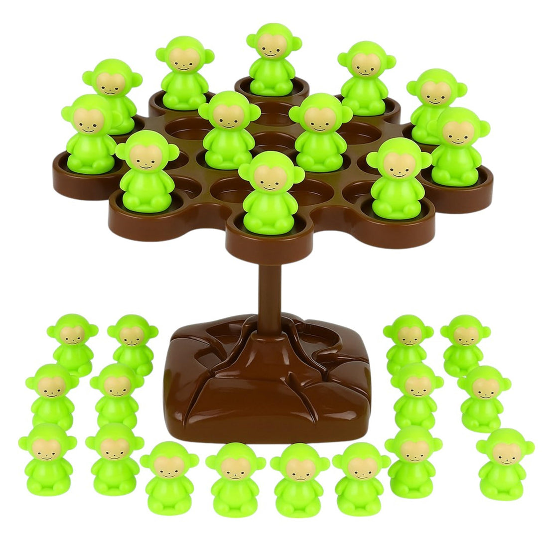 Balancing Monkey Toy, Set of 28 Pcs with Green Base, 9.5 x 9.5 cm, Educational Toy to Keep Focus and Balance for Kids (Brown Tree)