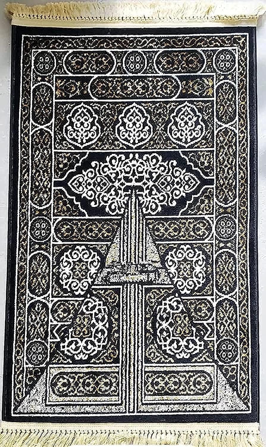JAZZEEL Bab Al Kaaba Prayer Mat, Soft Velvet Islamic Rug, Detailed Design, Standard Size, Black and Gold, Muslim Janamaz Sajadah, Premium Home Mosque Namaz Carpet Gift