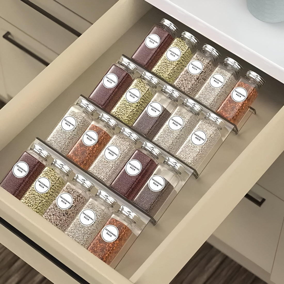 Spice Organizer - Clear Acrylic Drawer Rack for 4 Spice Jars, Perfect for Kitchen Countertops and Cabinet Drawers