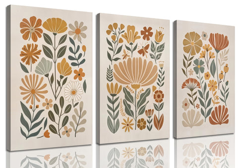 3Pcs Framed Boho Abstract Floral Wall Art Minimalist WildFlower Wall Decor Pictures Modern Botanical Warm Earthy Tones Canvas Posters Prints for Living Room Bedroom Office Home Decoration 12x16in
