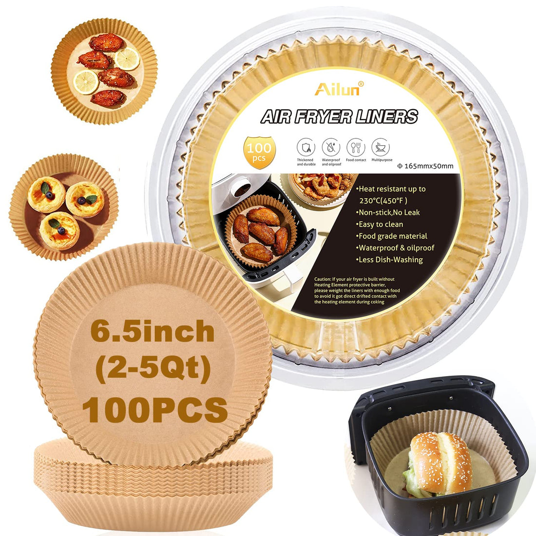 Ailun Air Fryer Disposable Paper Liners, 100PCS Non-Stick Air Fryer Parchment Liner, Oil Resistant, Waterproof, Food Grade Baking Paper for 2-5 QT Air Fryer Baking Roasting Microwave 6.5inch