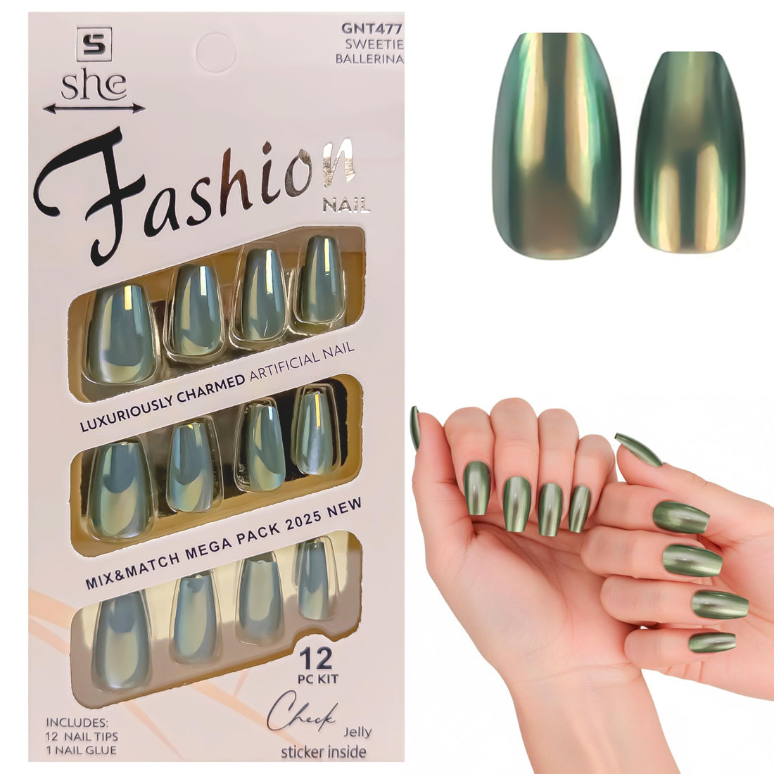 Square Nail Tips - Set Of 12 Nail Tips & 1 Nail Glue, Pre-Shaped Full Cover False Nails & Professional Nail Glue, Quick & Easy Application (Mint Green)