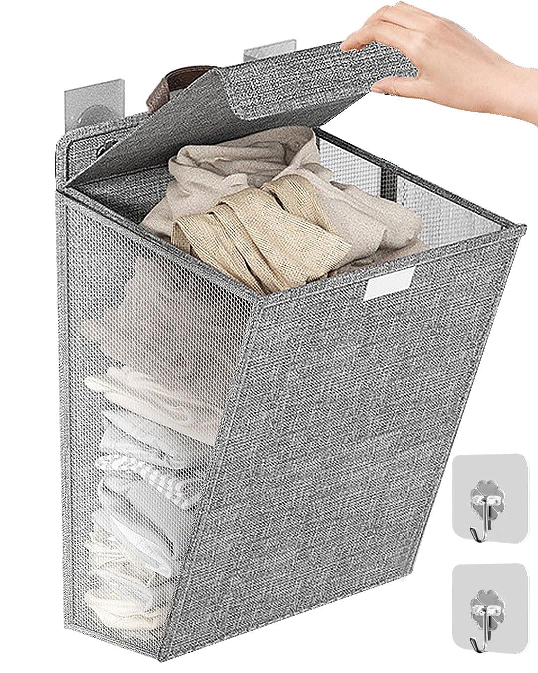 Collapsible Laundry Basket With Lid - Foldable, Hanging Hamper With Handle - Large Washing Basket, Installation-free, Wall Mounted for Bathroom