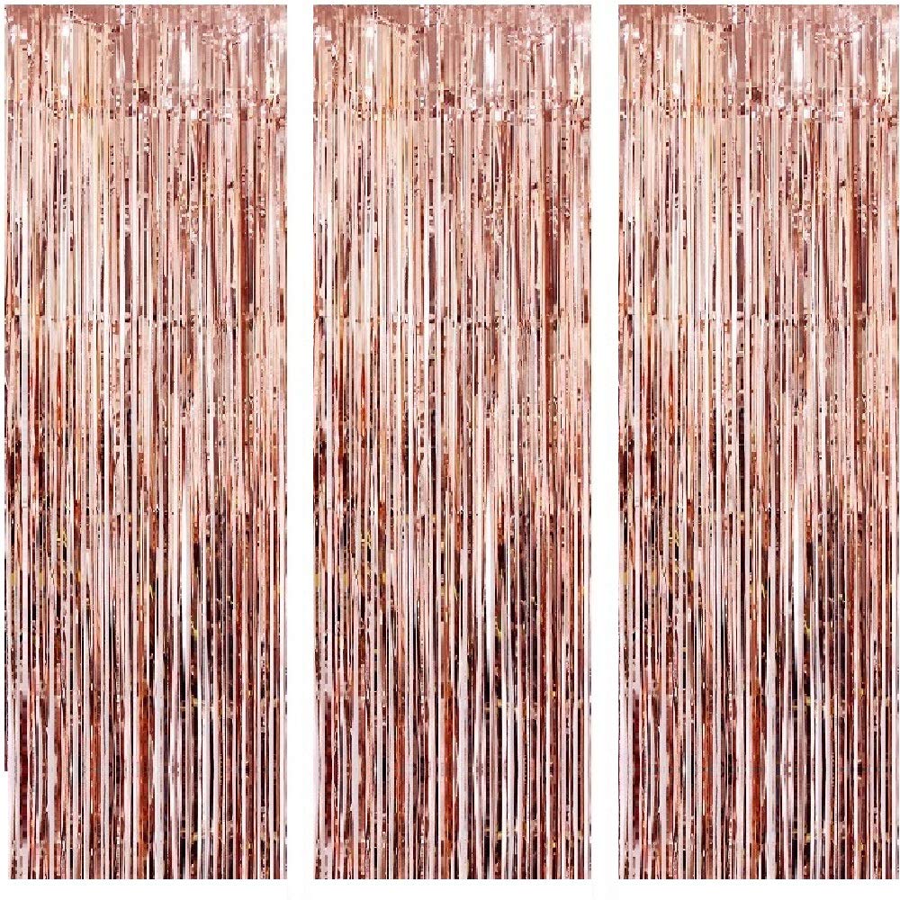 3 Pack 3.2ft x 6.6ft Rose Gold Metallic Tinsel Foil Fringe Backdrop Decorative Door Windows Streamers Curtain for Birthday Bachelorette Wedding Baby Shower Christmas Halloween New Year (Rose Gold)