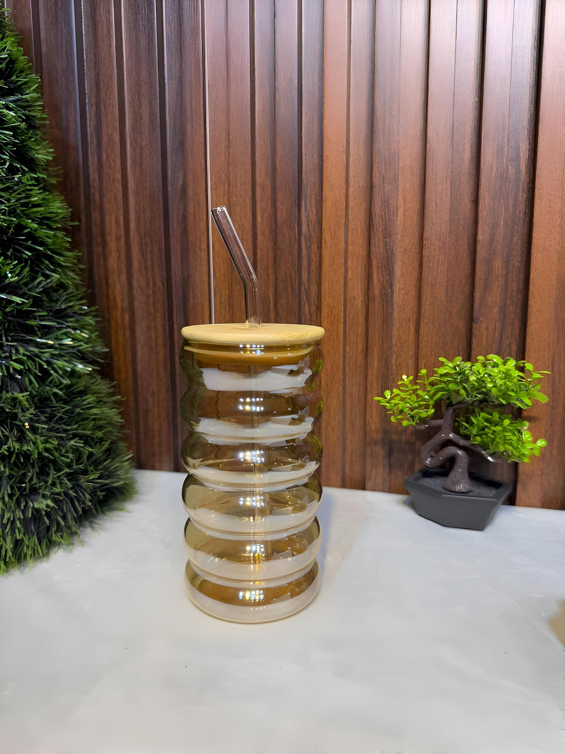 Glass Cup - Stylish Ribbed 350ml Mug with Lid and Straw, Trendy 2025 Design Ideal for Iced Latte, Cold Coffee, and Refreshing Beverages, Modern Aesthetic Look