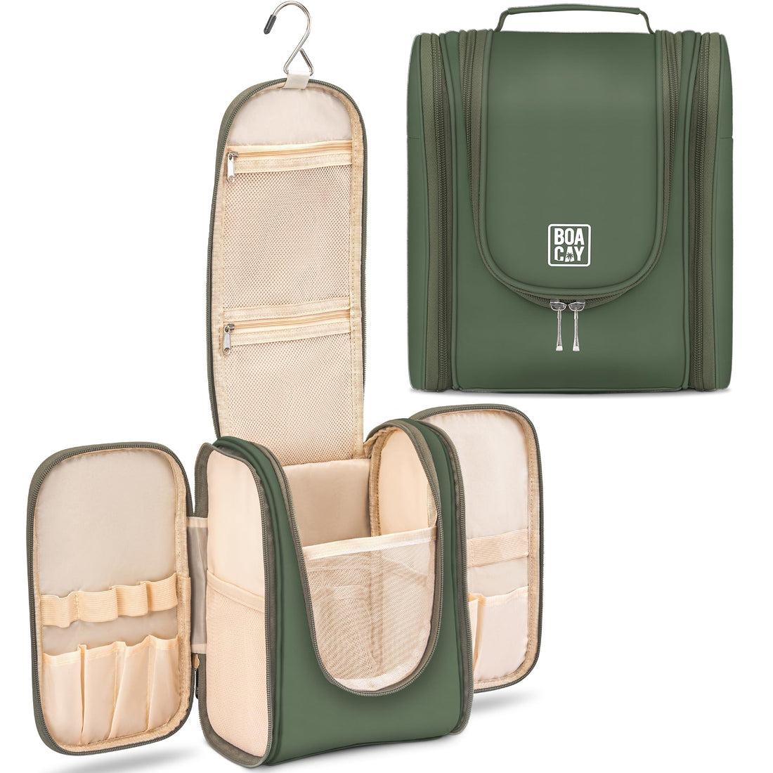 BOACAY Hanging Travel Toiletry Bag for Women & Men, Makeup Bag, Shower Bag, (M) Olive Green, M, Toiletry Bag