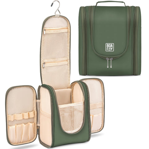 BOACAY Hanging Travel Toiletry Bag for Women & Men, Makeup Bag, Shower Bag, (M) Olive Green, M, Toiletry Bag