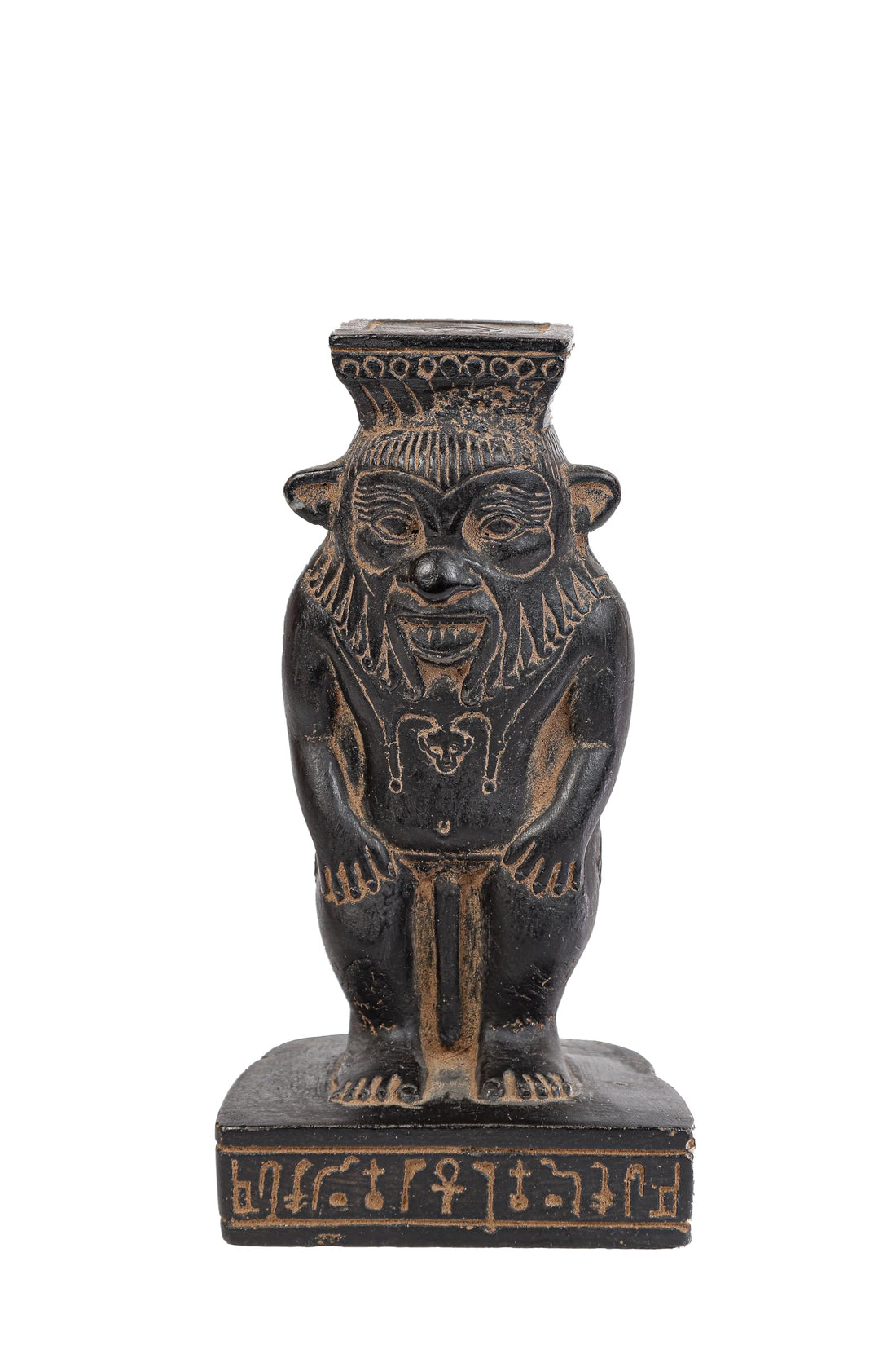 Ancient Egyptian statue of Bes, a minor god of ancient Egypt, represented as adwarf with large head, goggle eyes, protruding tongue, bowlegs, bushy tail Black heavy stone made in Egypt.