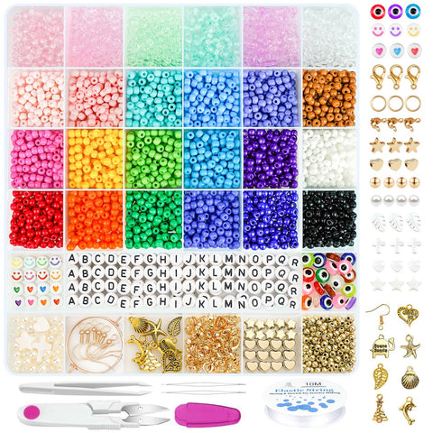 Gionlion 4200 Pcs 4mm Glass Seed Beads for Jewelry Making,24 Colors Seed Beads Friendship Preppy Bracelet Making Kit with Letter Beads Charms Kit and Elastic Strings