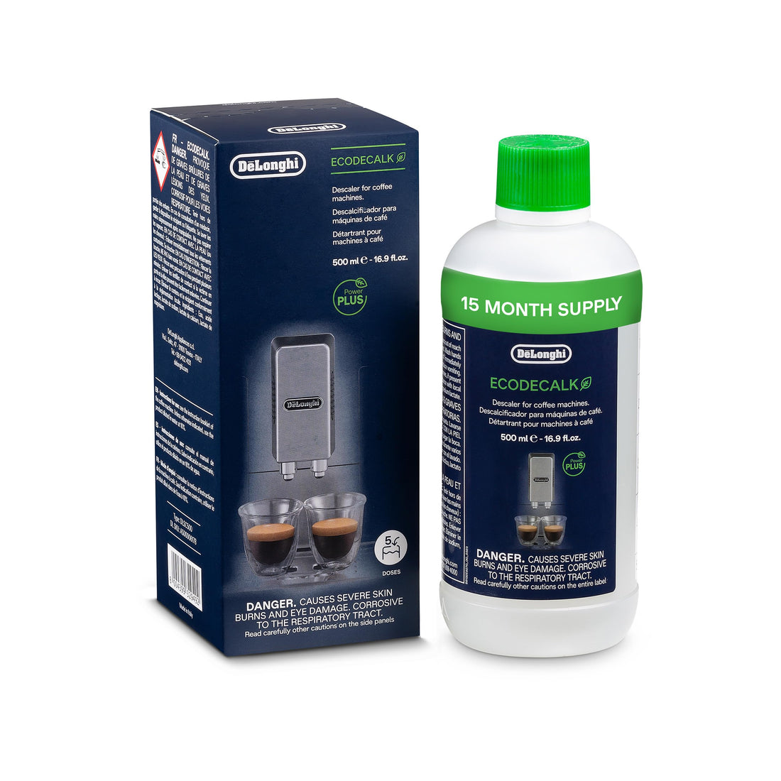 De'Longhi EcoDecalk Descaler, Eco-Friendly Universal Descaling Solution for Coffee & Espresso Machines, Clear,16.90 oz (5 uses),DLSC500