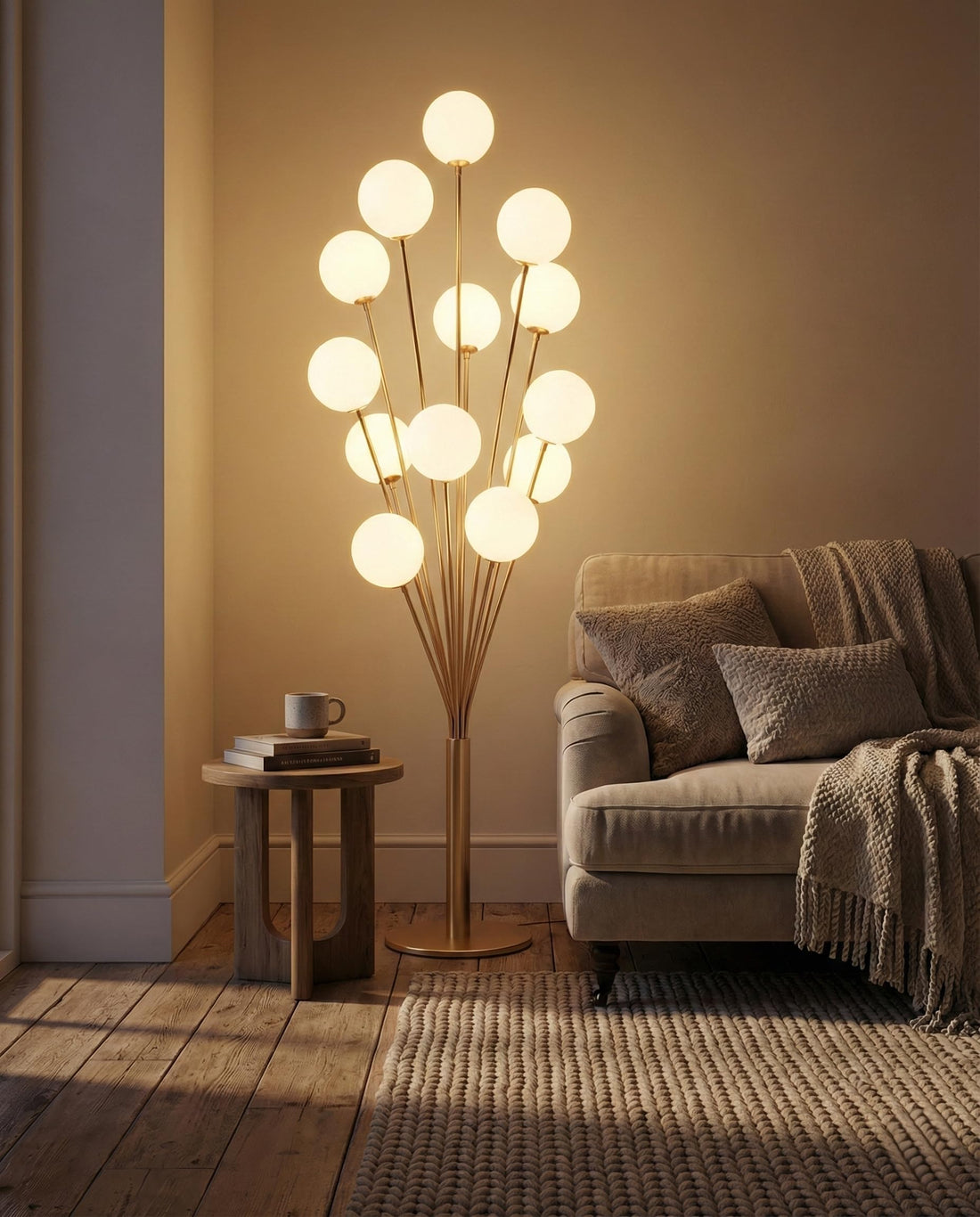 Modern Floor Lamp with 11 Light Balls – Gold Metal Body – Decorative Warm Lighting – Standing Lamp for Living Room, Bedroom, Office – Luxury Med-Century Inspired Design