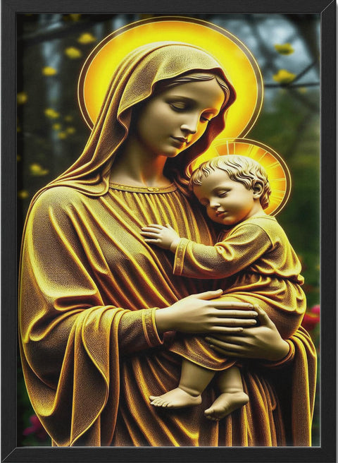Virgin Mary and Baby Jesus Byzantine Art – Classical Portrait with Gold Halo & Black Frame – 40×30 cm