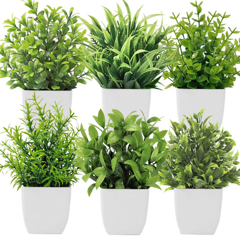 6 Pieces Small Artificial Plants with Pot, Plastic Mini Fake Plants for Table Shelf Bathroom Offices Home Decoration