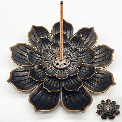 Incense Holder Alloy Lotus Ash Catcher Copper Incense Container Set, Lotus Shaped Incense Sticks, Lotus Censer Stick Incense Holder (Bronze)