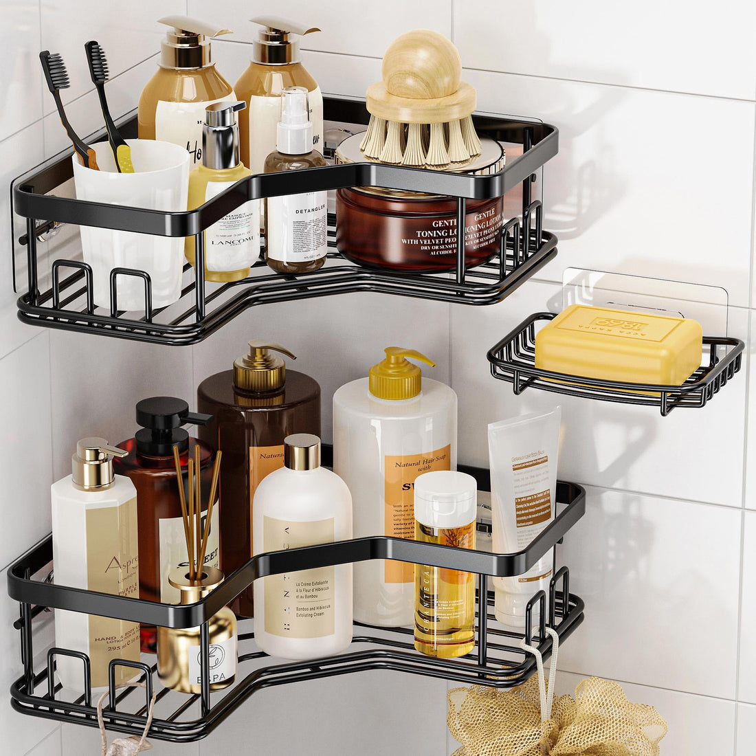 MAXIFFE 3 Pack Corner Shower Caddy with Soap Holder, Large Capacity Sturdy Easy Install No Drilling Stainless Steel Hold 40 LBS Shower Organizer Shelves Rack Storage for Family Renters Bathroom, Black