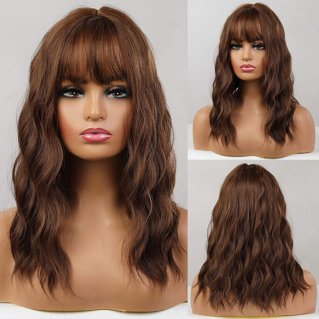 ECIF Long Brown Wavy Wigs For Women, Synthetic Wig Natural Hair With Air Bangs Wigs For Daily Use And Party Use