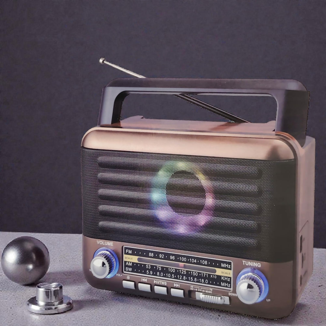 RX-5160D Retro Radio with Bluetooth, FM/AM/SW 3-Band Radio, USB/TF Music Player, TWS Stereo Support, Disco Light Modes, Type-C Charging, 18650 Battery Included