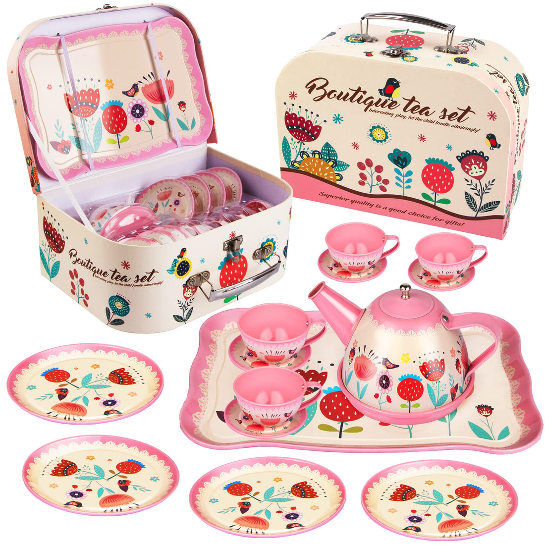 Princess Tea Party Set for Toddlers - Pretend Toy with Metal Teapots, Cups, Plates, Coasters, Spoons & Carry Case - Kids Kitchen Play Toys for Girls Age 3-6