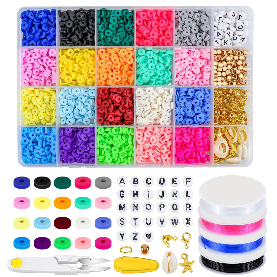 KASTWAVE 4880Pcs Clay Beads 6mm 20 Colors Flat Round Polymer Clay Spacer Beads with Pendant Charms Kit and 4 Roll Elastic Strings for DIY Jewelry Making Bracelets Necklace