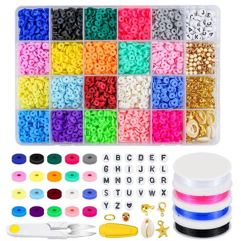 KASTWAVE 4880Pcs Clay Beads 6mm 20 Colors Flat Round Polymer Clay Spacer Beads with Pendant Charms Kit and 4 Roll Elastic Strings for DIY Jewelry Making Bracelets Necklace