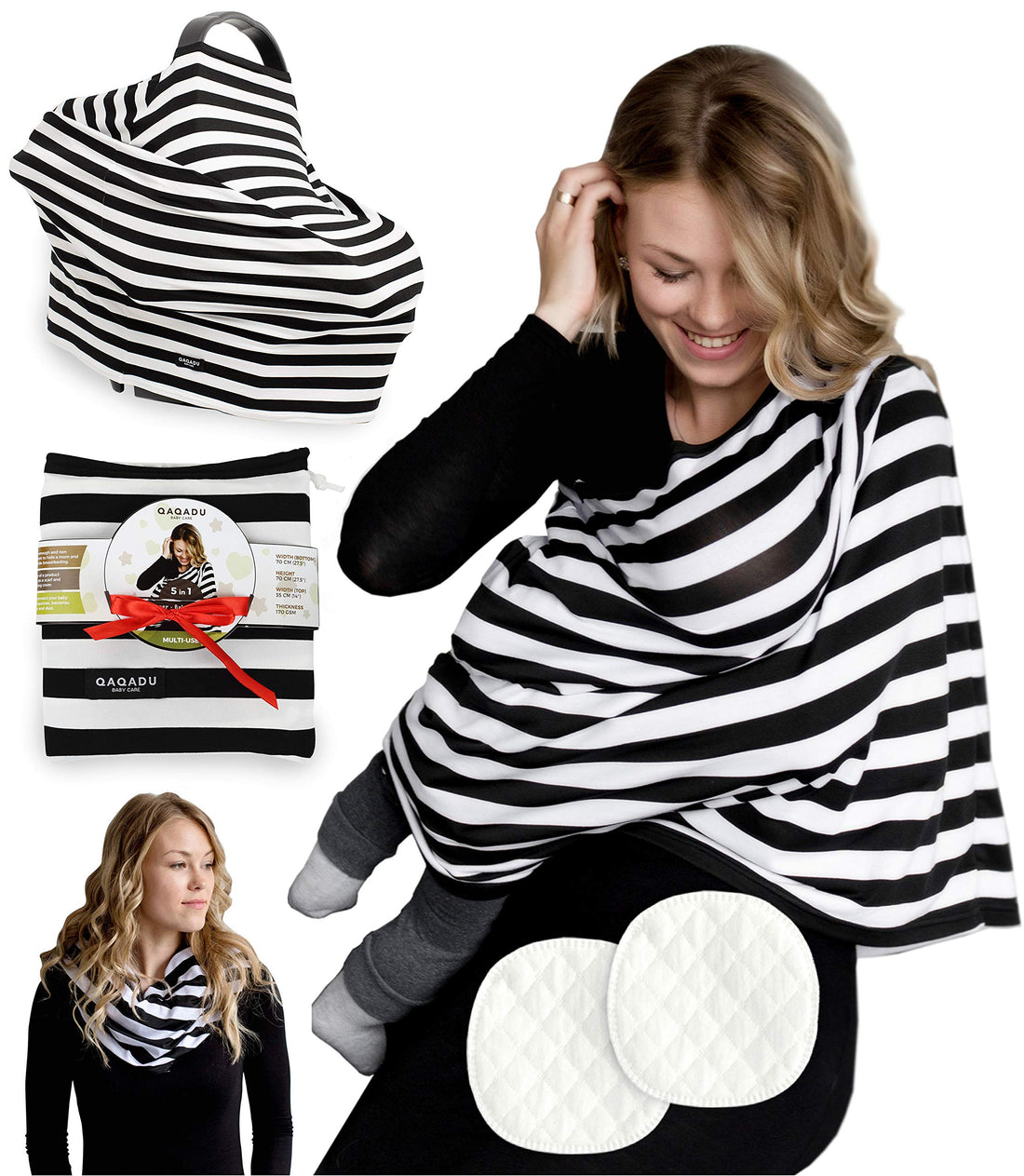 QAQADU Nursing Breastfeeding Cover Scarf - Baby Car Seat Canopy - Nursing Pads, Pouch & Gift Pack Set -.