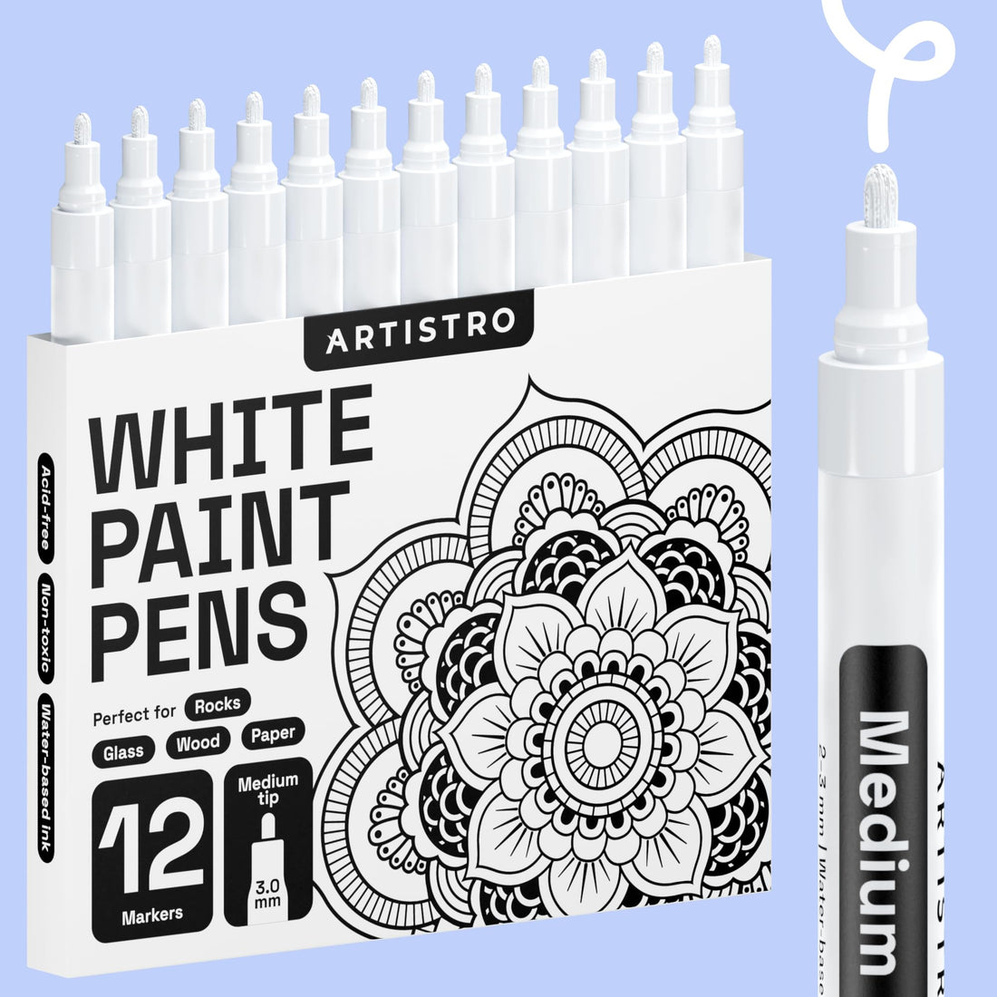 Artistro White Marker Pens for Rock Painting, Stone, Ceramic, Glass, Wood, Tyre, Fabric, Metal, Canvas, Set of 12 Water Based Acrylic Paint Pens with Medium Point (White)