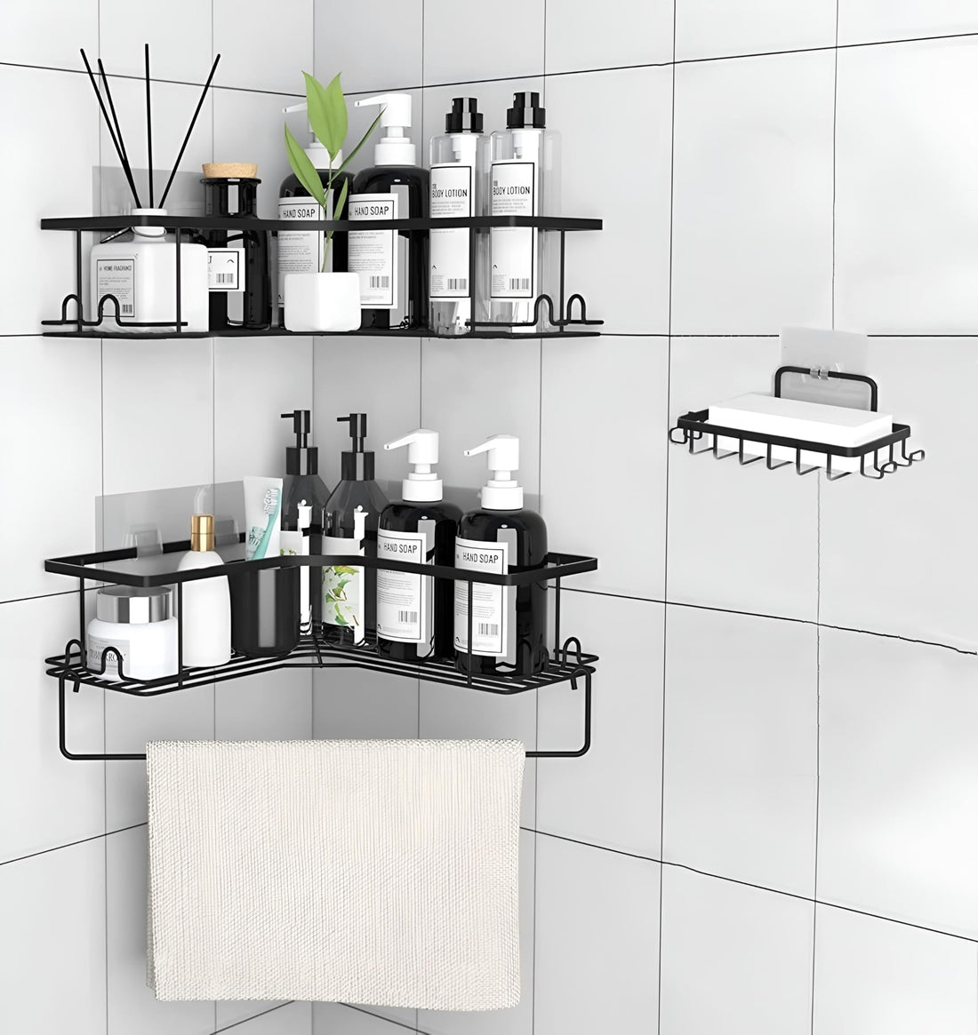 Organizer Set - Classic 4-Piece Black Polished Stainless Steel Corner Bathroom Caddy, Heavy Duty Wall Mount Shelf for Toiletries, Long Lasting Rust-Proof Metal Storage for Shower Areas