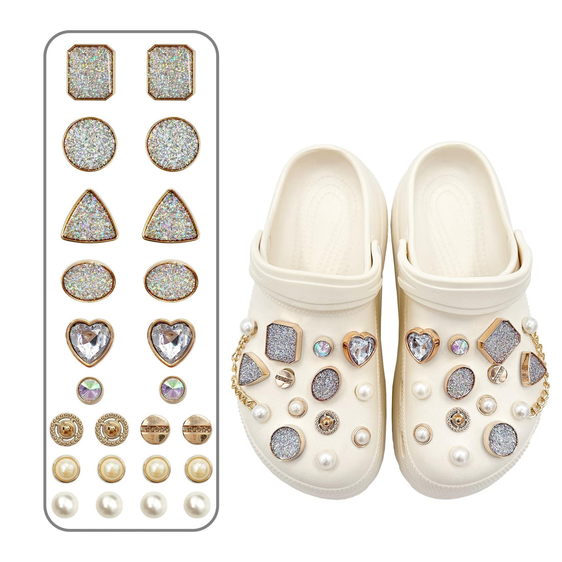 26PCS Bling Shoe Charms, Crysal Pearl Sparkling Rhinestones Shoe Chains, DIY Clog Sandals Metal Decoration Charms for Women Lady Girls Birthday Party Gifts, Standard, Metal, /